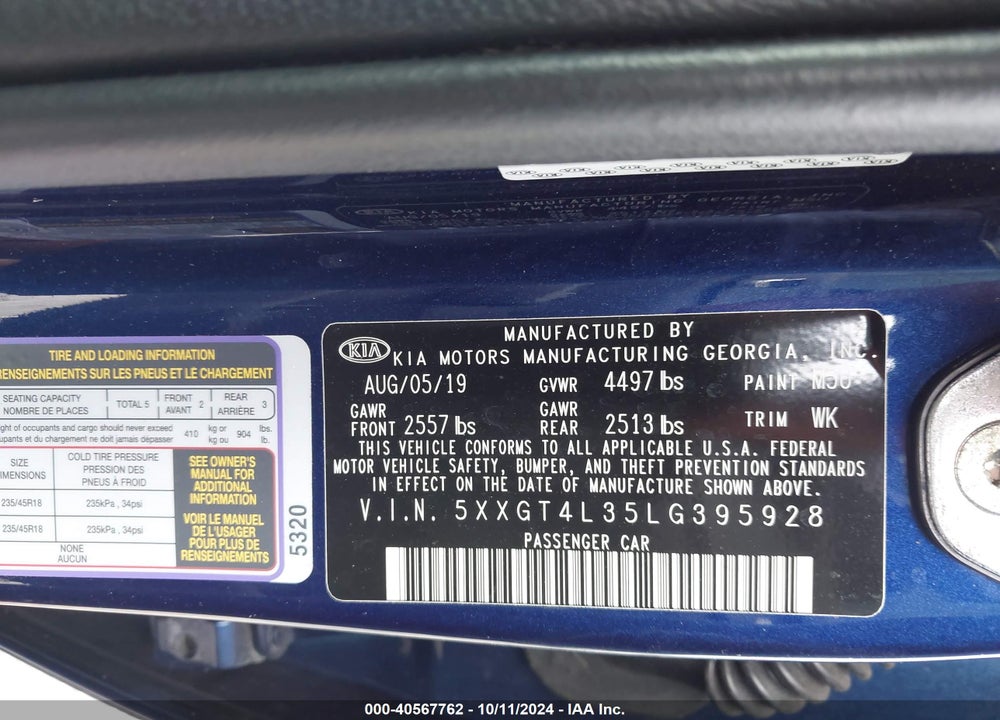 2020 KIA OPTIMA S VIN: 5XXGT4L35LG395928