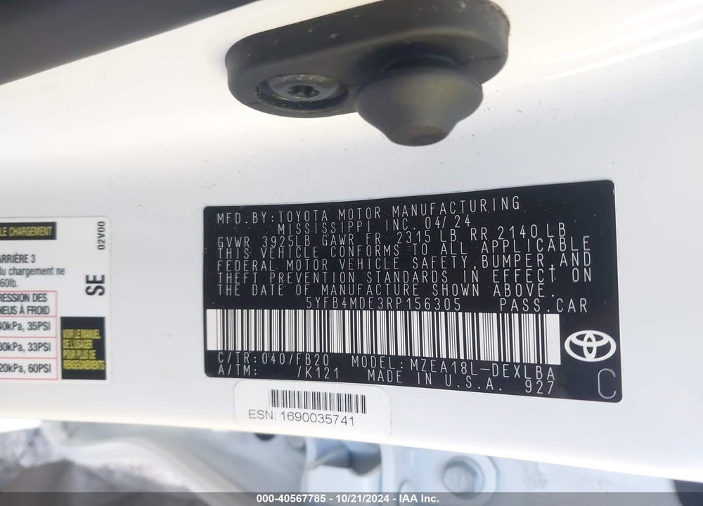 2024 TOYOTA COROLLA LE VIN: 5YFB4MDE3RP156305