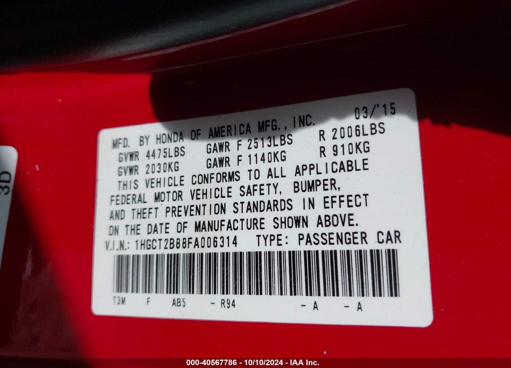 2015 HONDA ACCORD EX-L V-6 VIN: 1HGCT2B88FA006314