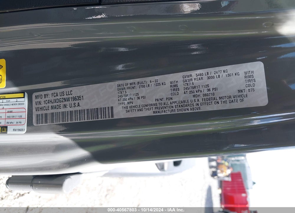 2022 JEEP WRANGLER UNLIMITED SPORT S 4X4 VIN: 1C4HJXDG2NW196351