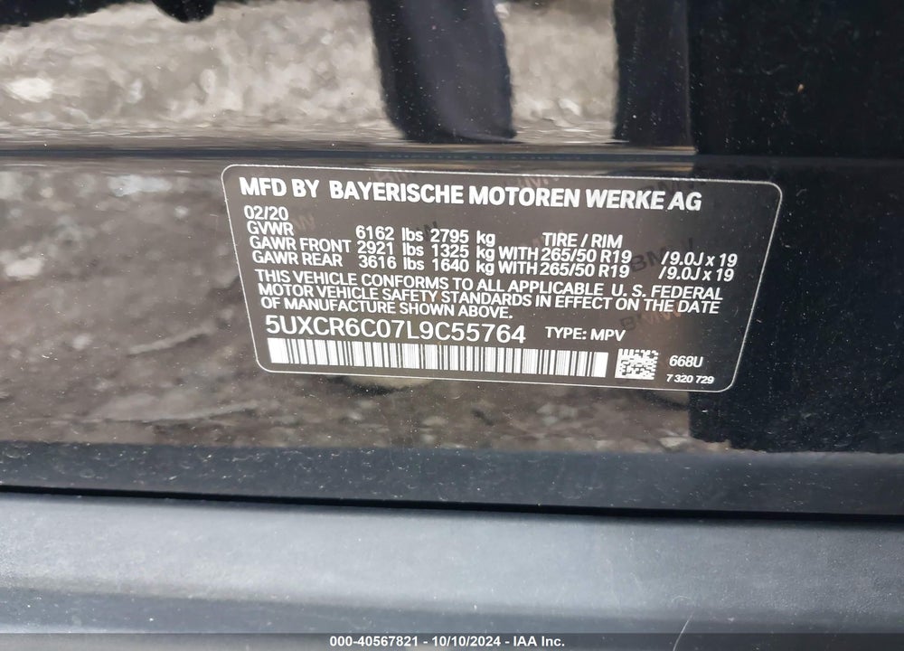2020 BMW X5 XDRIVE40I VIN: 5UXCR6C07L9C55764
