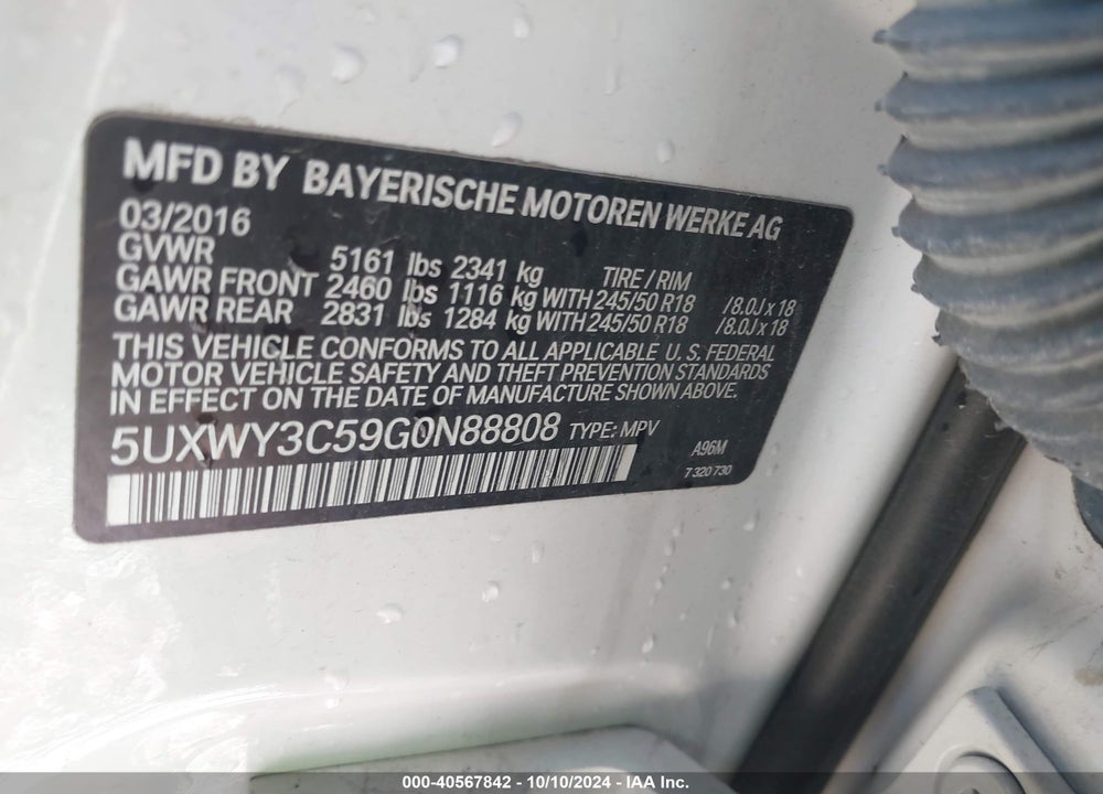 2016 BMW X3 XDRIVE28D VIN: 5UXWY3C59G0N88808