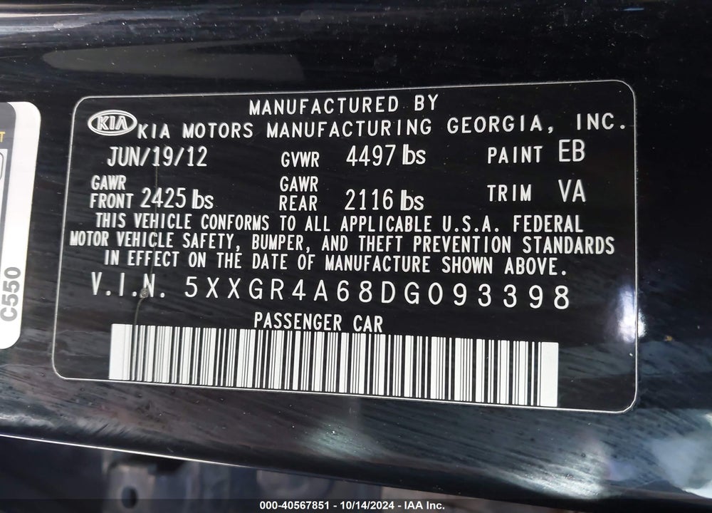 2013 KIA OPTIMA SX VIN: 5XXGR4A68DG093398