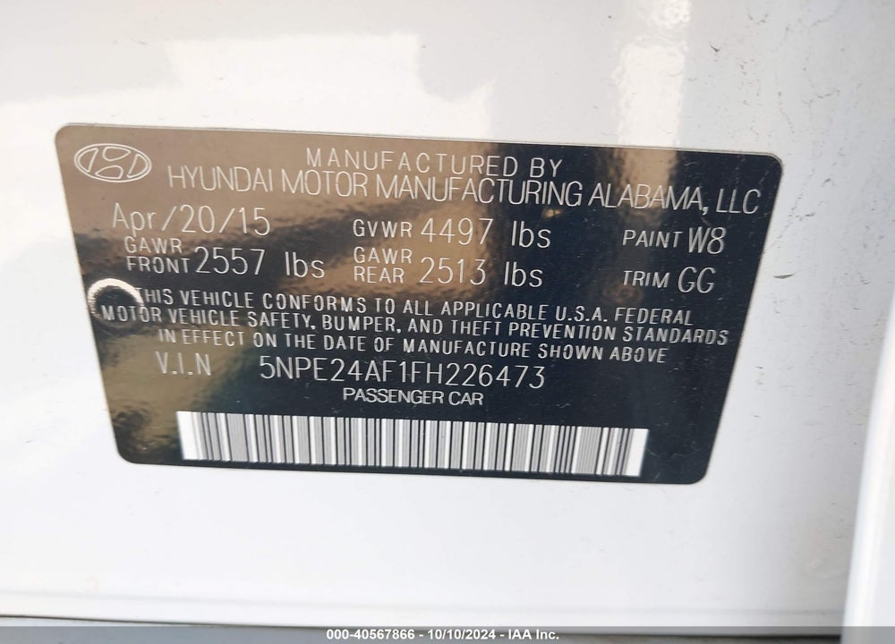 2015 HYUNDAI SONATA SE VIN: 5NPE24AF1FH226473