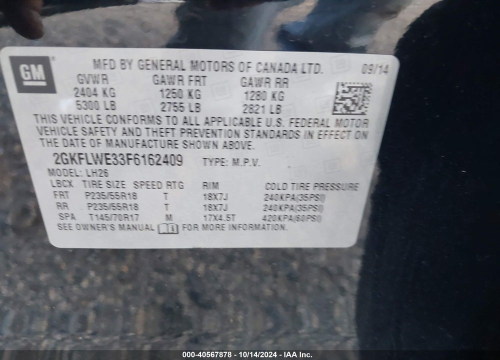 2015 GMC TERRAIN SLE-2 VIN: 2GKFLWE33F6162409