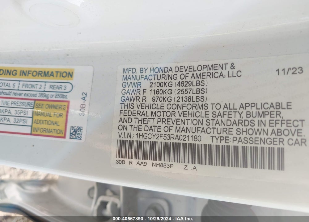 2024 HONDA ACCORD HYBRID SPORT VIN: 1HGCY2F53RA021180