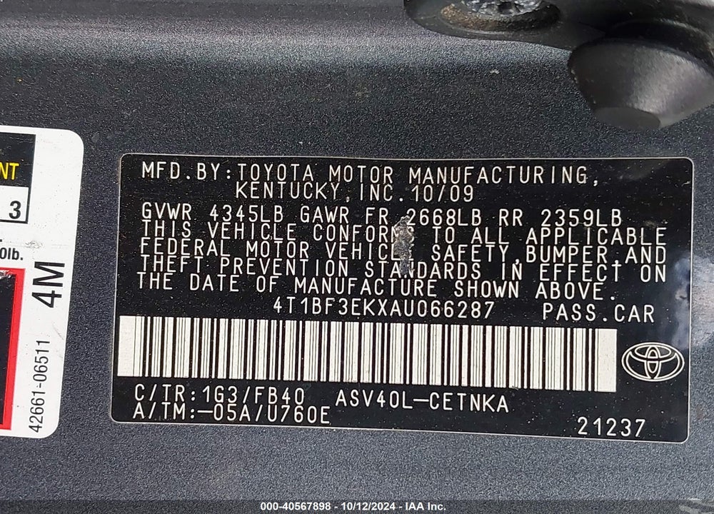 2010 TOYOTA CAMRY VIN: 4T1BF3EKXAU066287