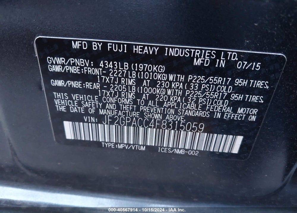 2015 SUBARU XV CROSSTREK 2.0I PREMIUM VIN: JF2GPACC4F8315059