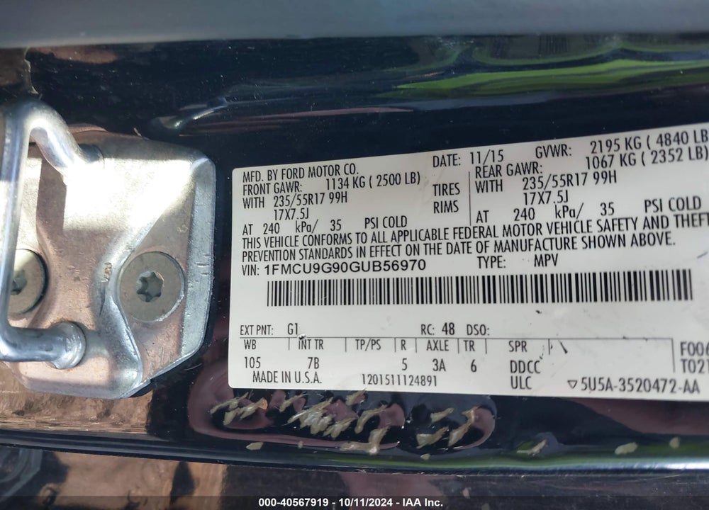 2016 FORD ESCAPE SE VIN: 1FMCU9G90GUB56970