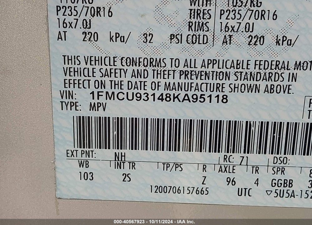 2008 FORD ESCAPE XLT VIN: 1FMCU93148KA95118