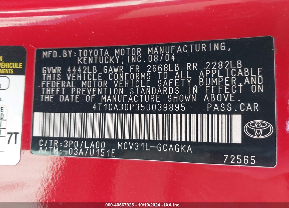 2005 TOYOTA CAMRY SOLARA SLE V6 VIN: 4T1CA30P35U039895