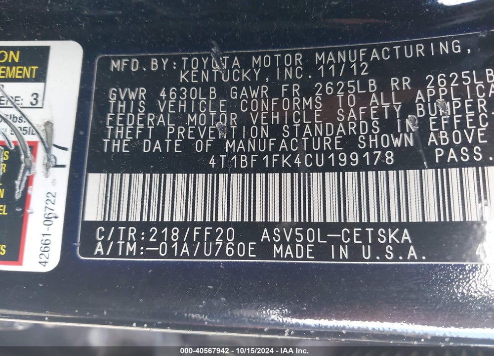 2012 TOYOTA CAMRY SE VIN: 4T1BF1FK4CU199178