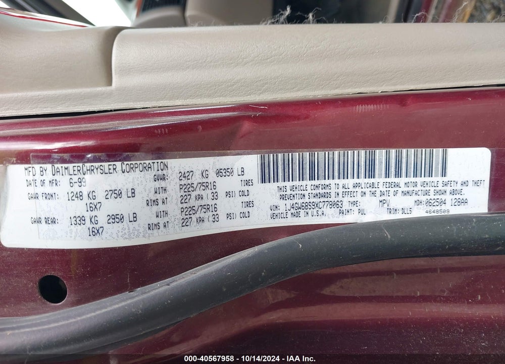 1999 JEEP GRAND CHEROKEE LIMITED VIN: 1J4GW68S9XC778063