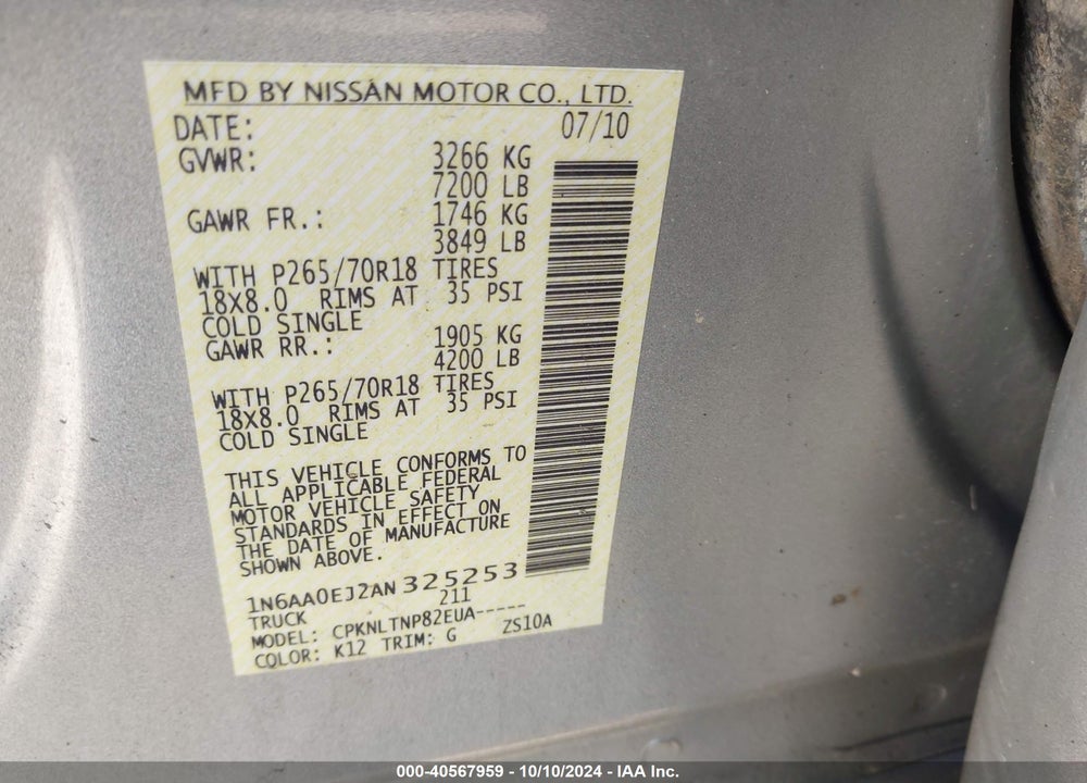 2010 NISSAN TITAN SE VIN: 1N6AA0EJ2AN325253
