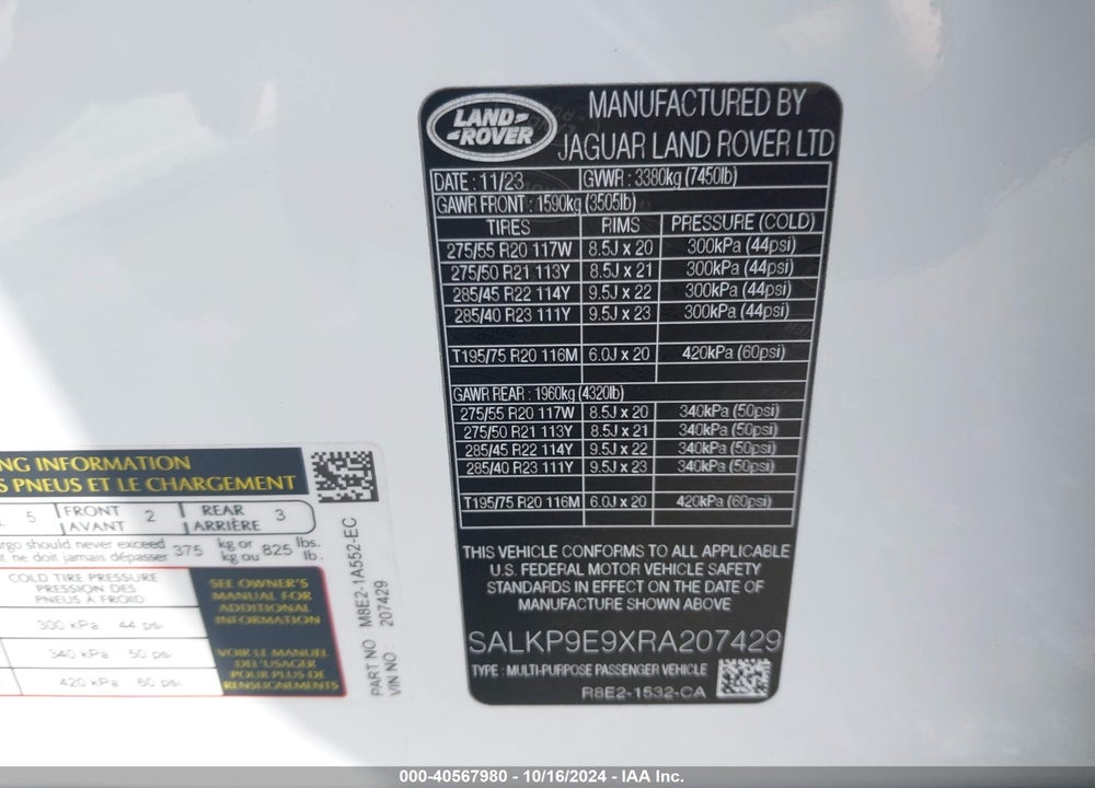 2024 LAND ROVER RANGE ROVER P530 SE VIN: SALKP9E9XRA207429