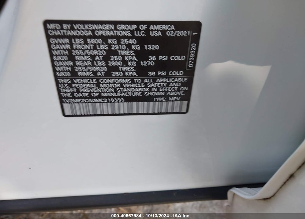 2021 VOLKSWAGEN ATLAS CROSS SPORT 3.6L V6 SE W/TECHNOLOGY R-LINE VIN: 1V2ME2CA0MC218333