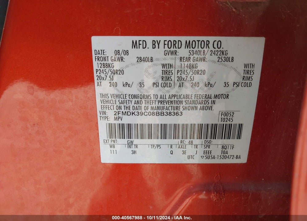 2008 FORD EDGE LIMITED VIN: 2FMDK39C08BB38363