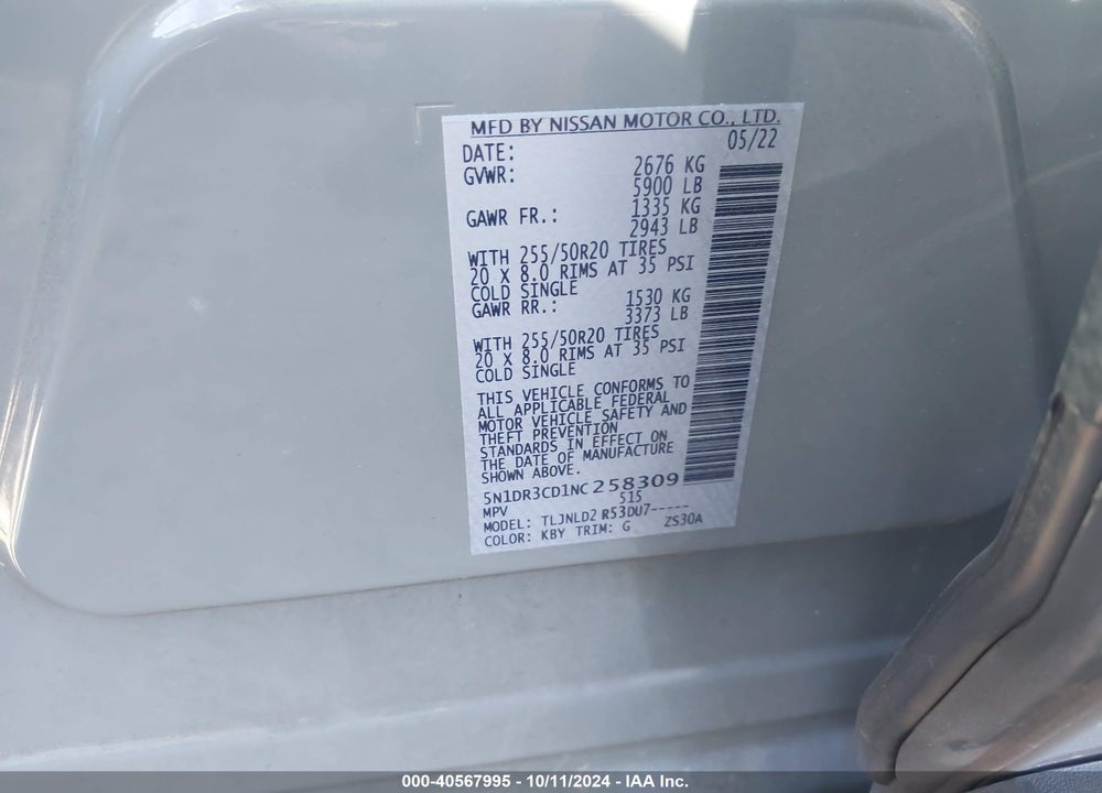 2022 NISSAN PATHFINDER SL 4WD VIN: 5N1DR3CD1NC258309