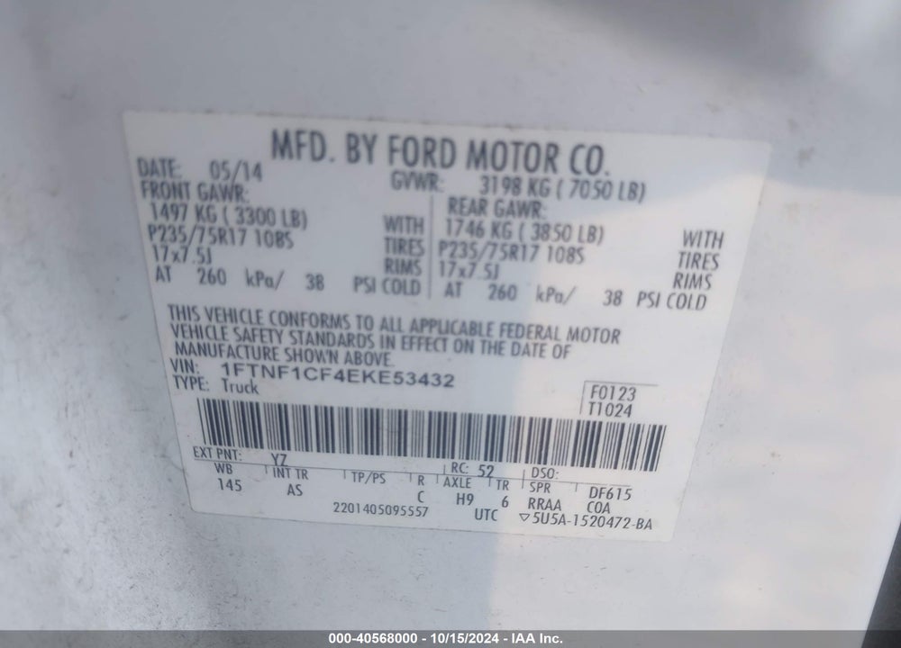 2014 FORD F-150 XL VIN: 1FTNF1CF4EKE53432