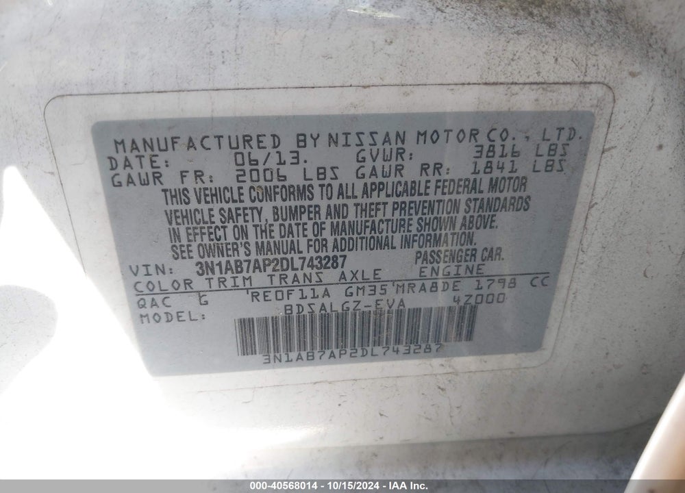 2013 NISSAN SENTRA SL VIN: 3N1AB7AP2DL743287