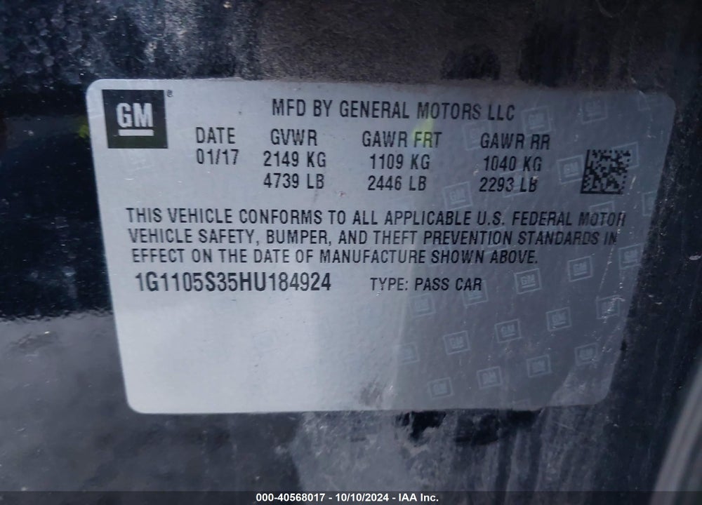 2017 CHEVROLET IMPALA 1LT VIN: 1G1105S35HU184924
