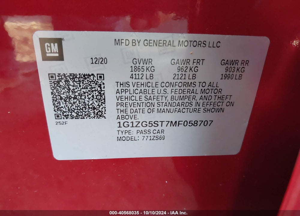 2021 CHEVROLET MALIBU FWD RS VIN: 1G1ZG5ST7MF058707