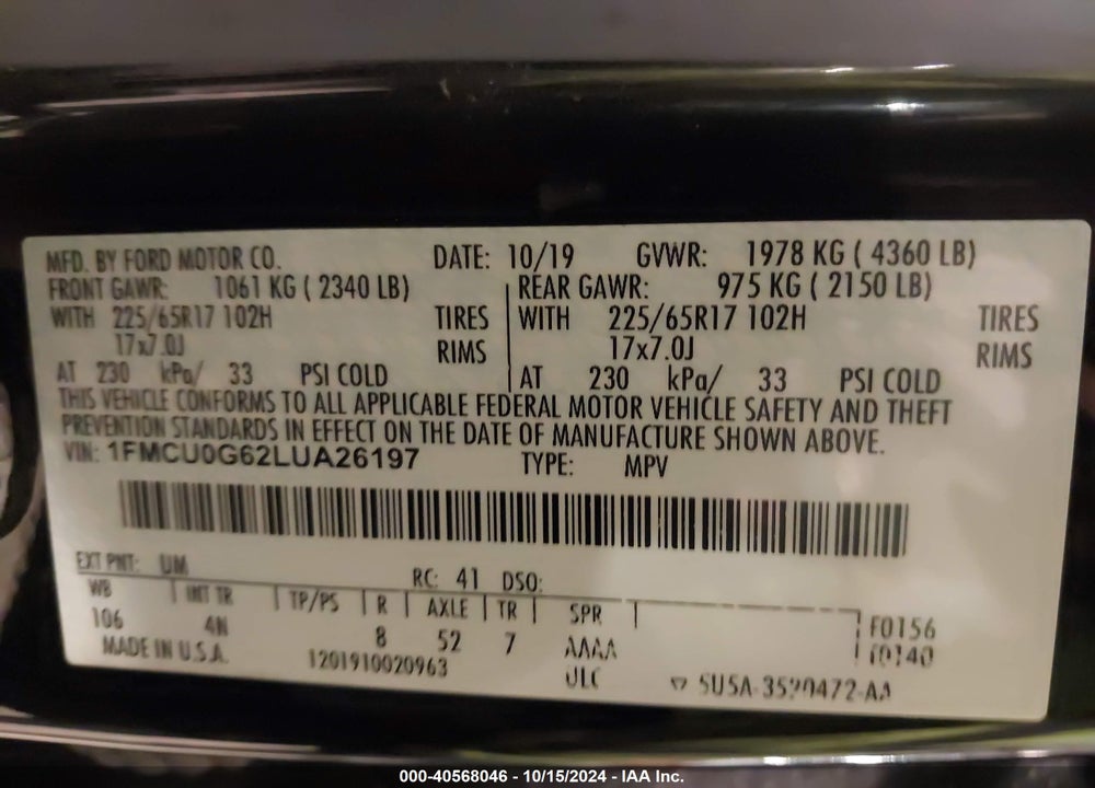 2020 FORD ESCAPE SE VIN: 1FMCU0G62LUA26197