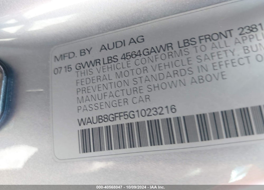 2016 AUDI A3 2.0T PREMIUM VIN: WAUB8GFF5G1023216
