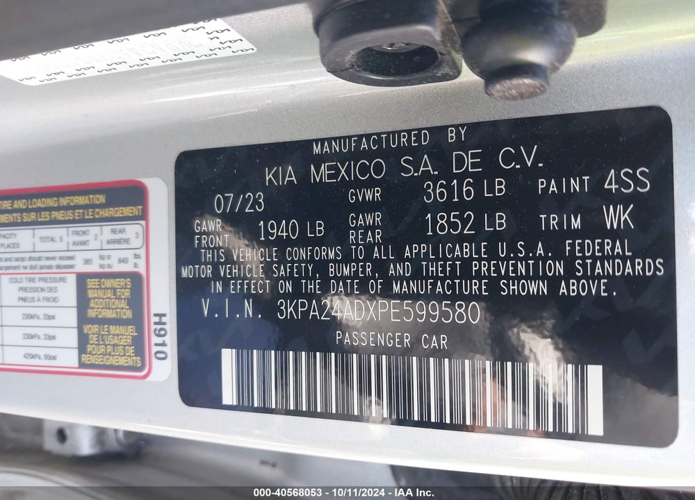 2023 KIA RIO LX/S VIN: 3KPA24ADXPE599580
