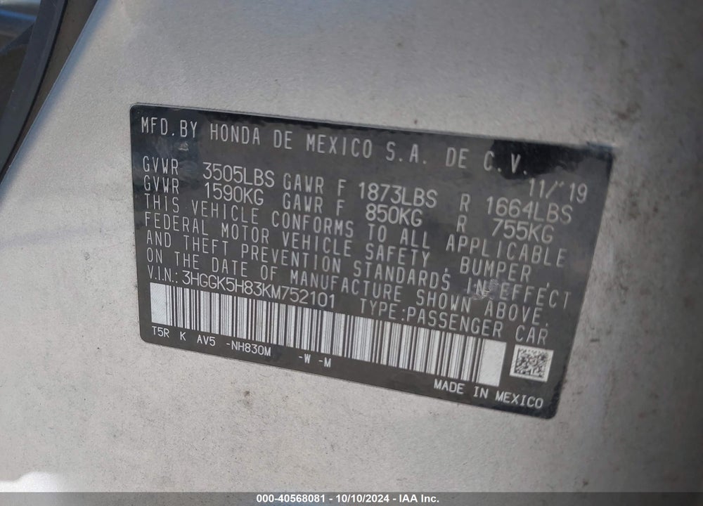 2019 HONDA FIT EX VIN: 3HGGK5H83KM752101