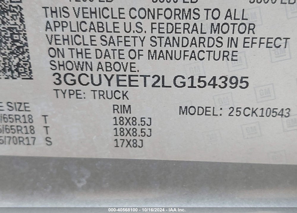 2020 CHEVROLET SILVERADO 1500 4WD SHORT BED RST VIN: 3GCUYEET2LG154395