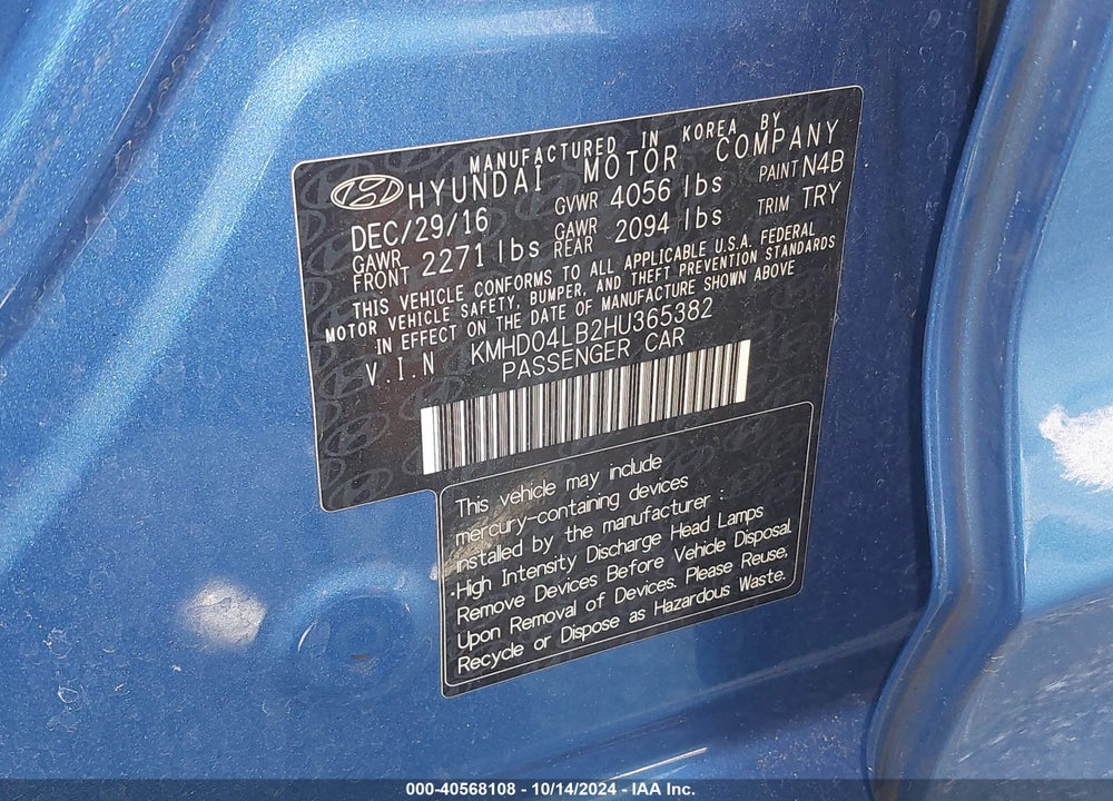 2017 HYUNDAI ELANTRA SPORT VIN: KMHD04LB2HU365382