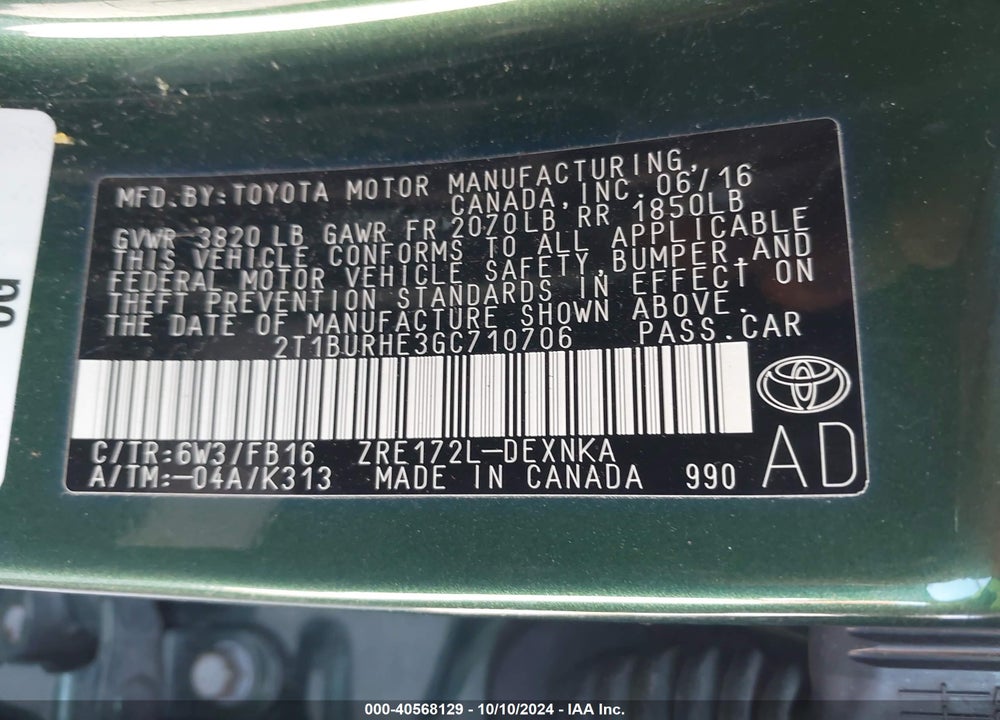 2016 TOYOTA COROLLA LE VIN: 2T1BURHE3GC710706