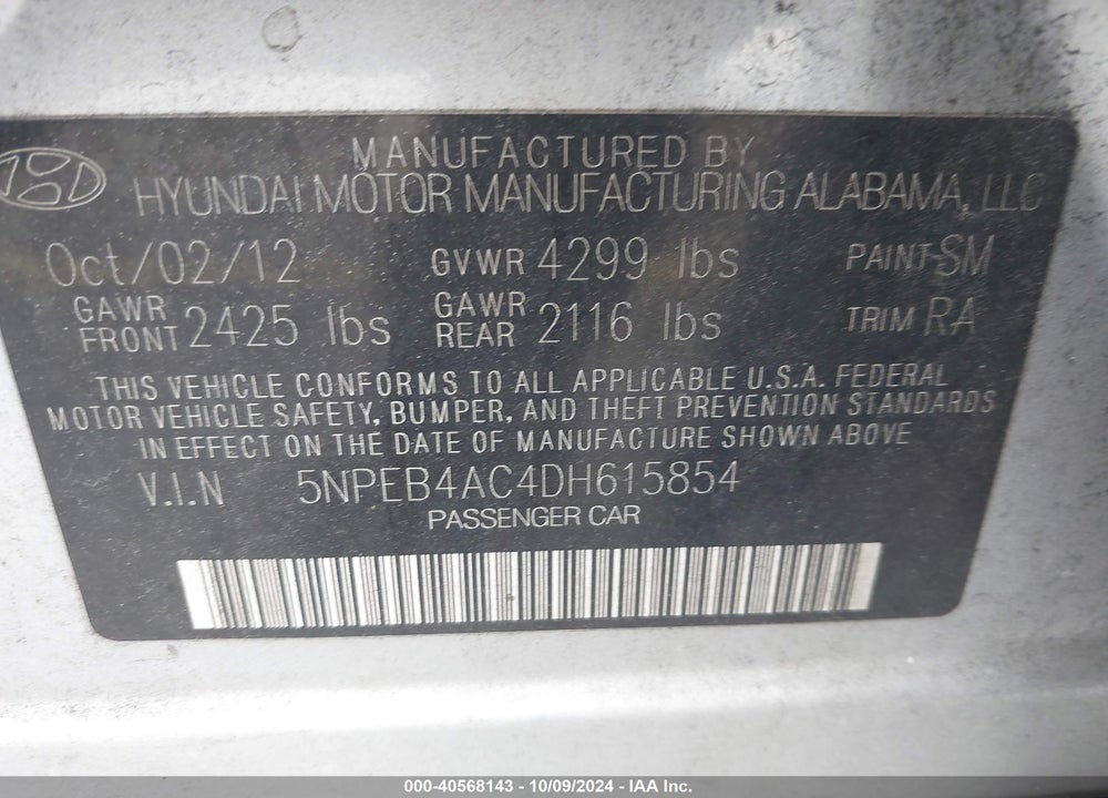 2013 HYUNDAI SONATA GLS VIN: 5NPEB4AC4DH615854