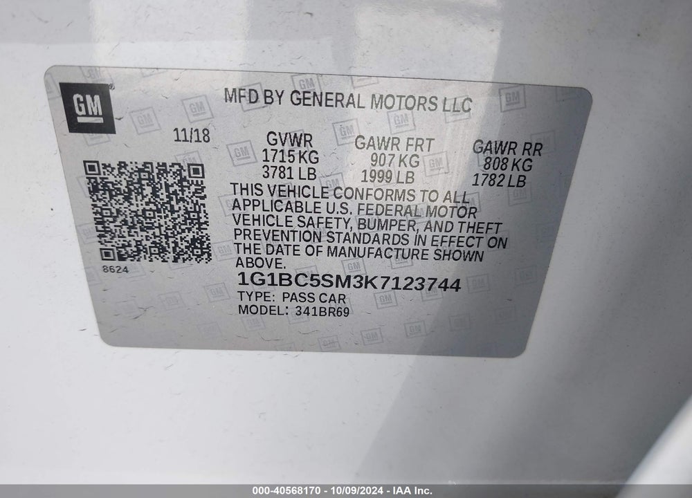2019 CHEVROLET CRUZE VIN: 1G1BC5SM3K7123744