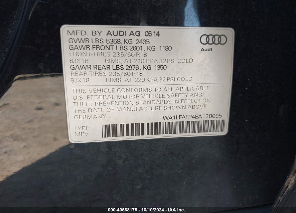 2014 AUDI Q5 2.0T PREMIUM VIN: WA1LFAFP4EA128095