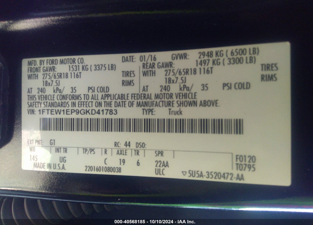 2016 FORD F-150 XLT VIN: 1FTEW1EP9GKD41783