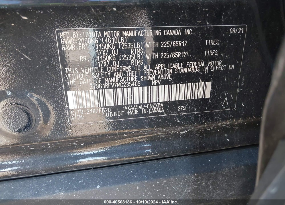 2021 TOYOTA RAV4 VIN: 2T3G1RFV7MC235405