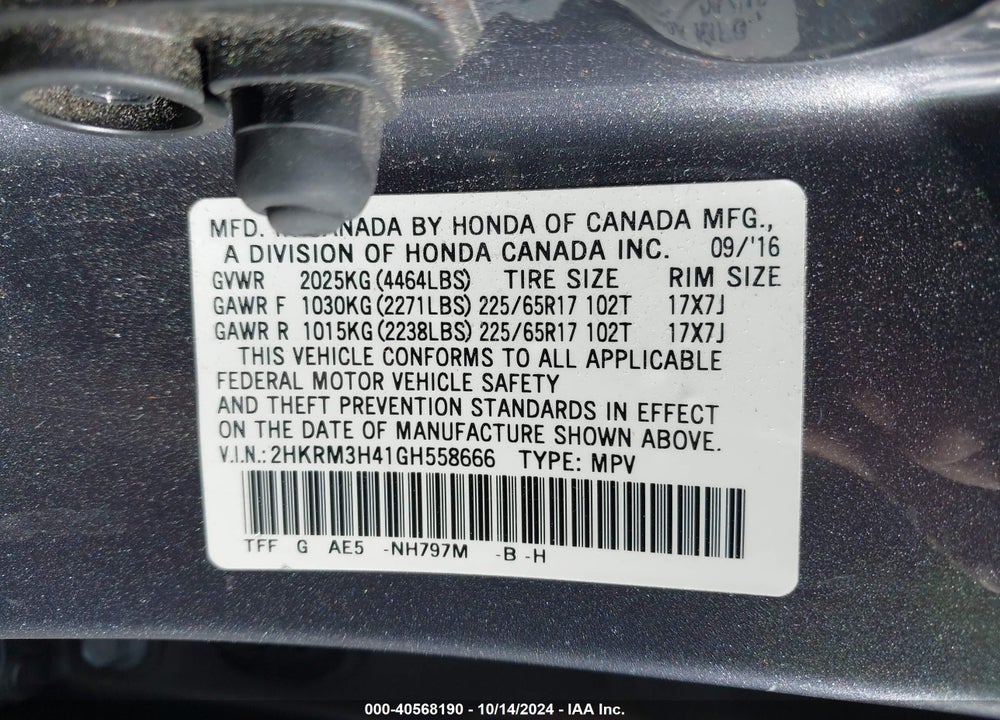 2016 HONDA CR-V SE VIN: 2HKRM3H41GH558666