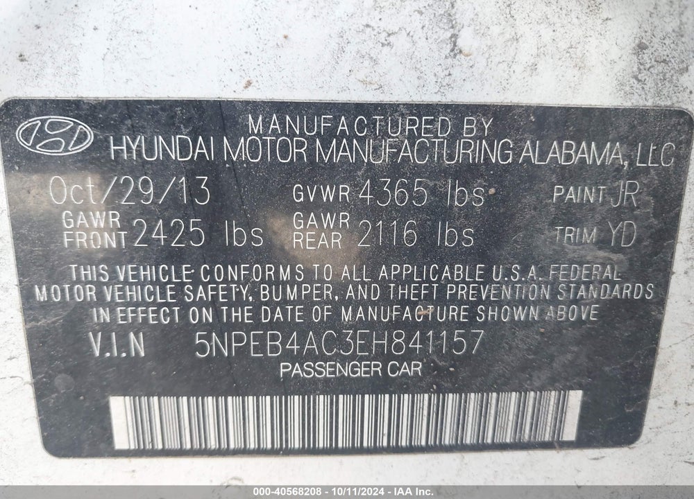2014 HYUNDAI SONATA GLS VIN: 5NPEB4AC3EH841157
