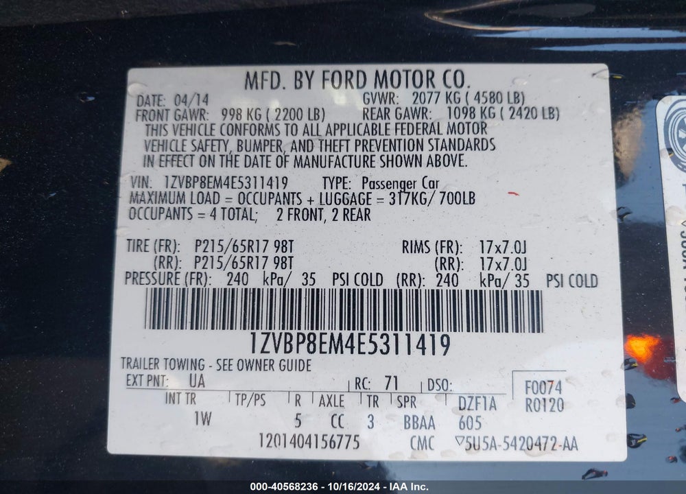 2014 FORD MUSTANG V6 VIN: 1ZVBP8EM4E5311419