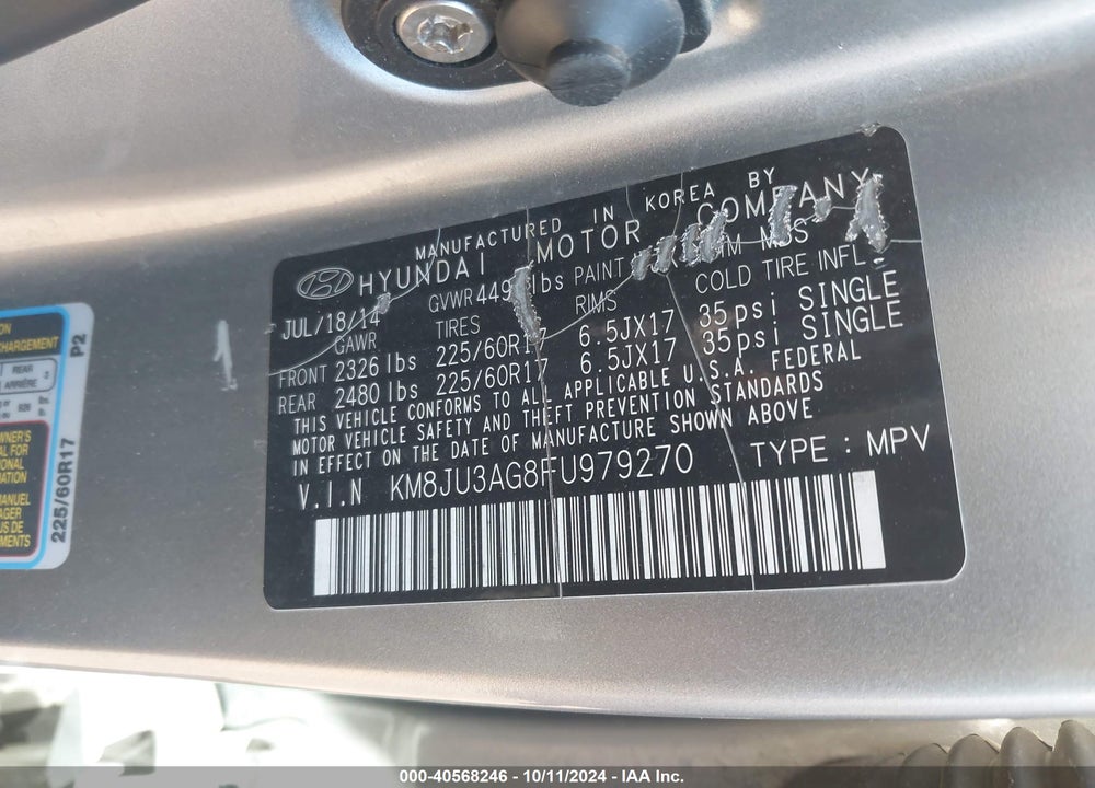 2015 HYUNDAI TUCSON SE VIN: KM8JU3AG8FU979270