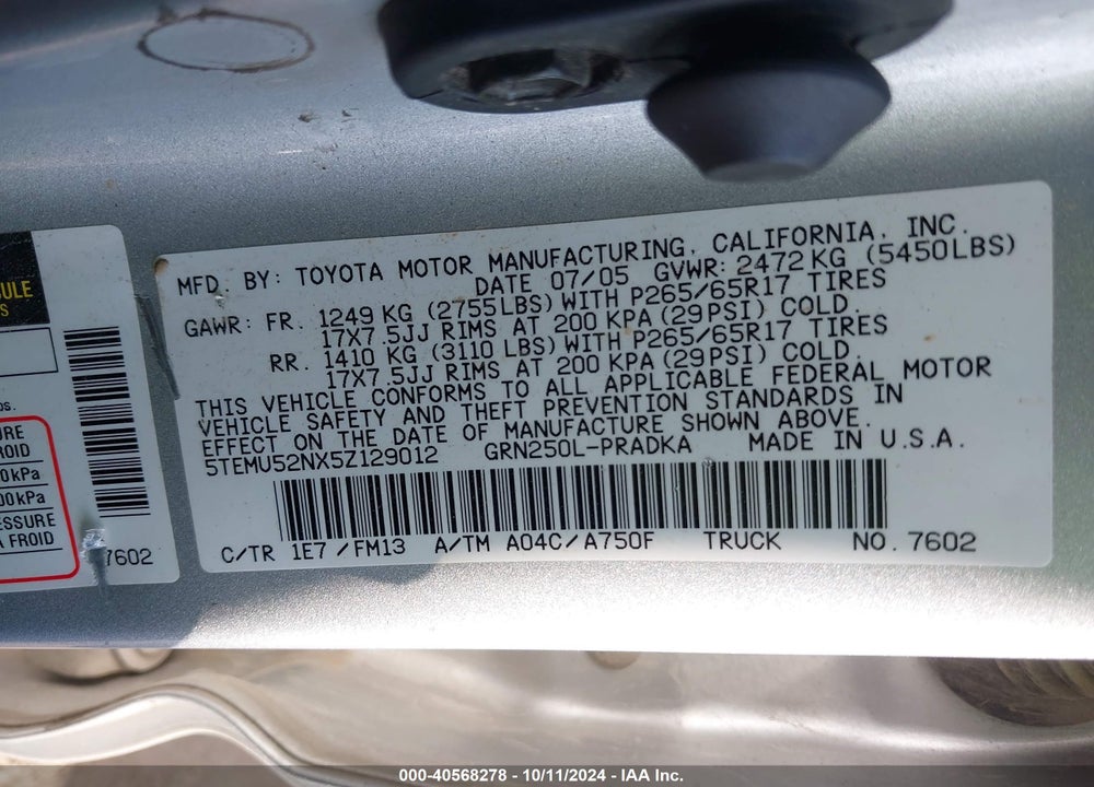 2005 TOYOTA TACOMA DOUBLE CAB LONG BED VIN: 5TEMU52NX5Z129012