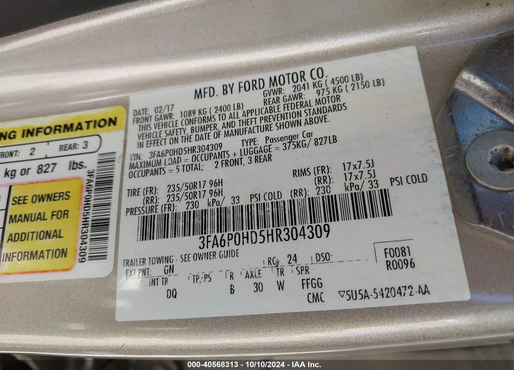2017 FORD FUSION SE VIN: 3FA6P0HD5HR304309