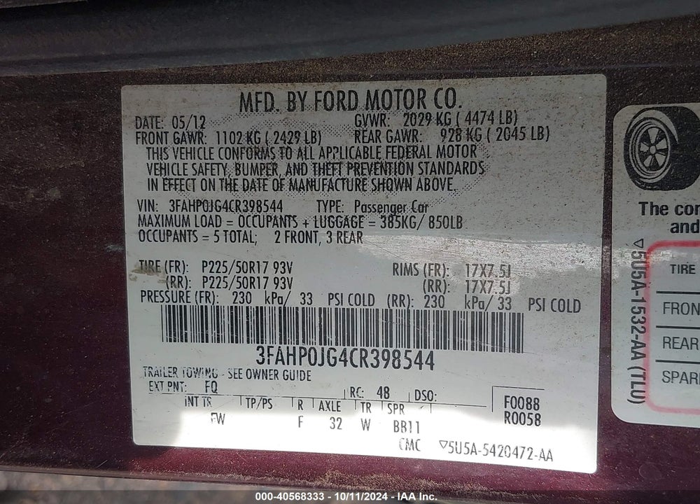2012 FORD FUSION SEL VIN: 3FAHP0JG4CR398544