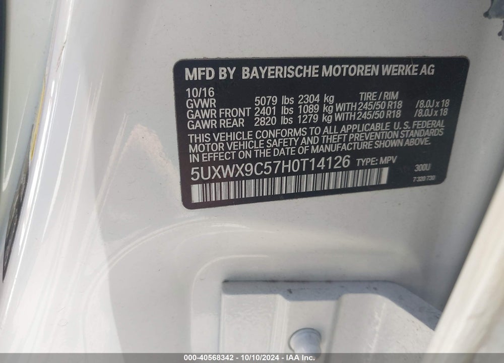 2017 BMW X3 XDRIVE28I VIN: 5UXWX9C57H0T14126