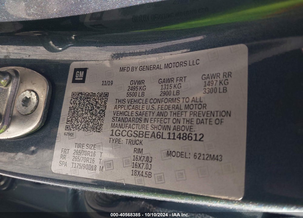 2020 CHEVROLET COLORADO 2WD SHORT BOX WT VIN: 1GCGSBEA6L1148612