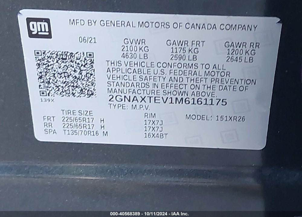2021 CHEVROLET EQUINOX AWD 2FL VIN: 2GNAXTEV1M6161175