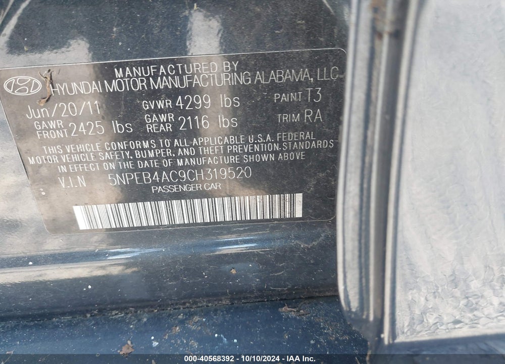 2012 HYUNDAI SONATA GLS VIN: 5NPEB4AC9CH319520