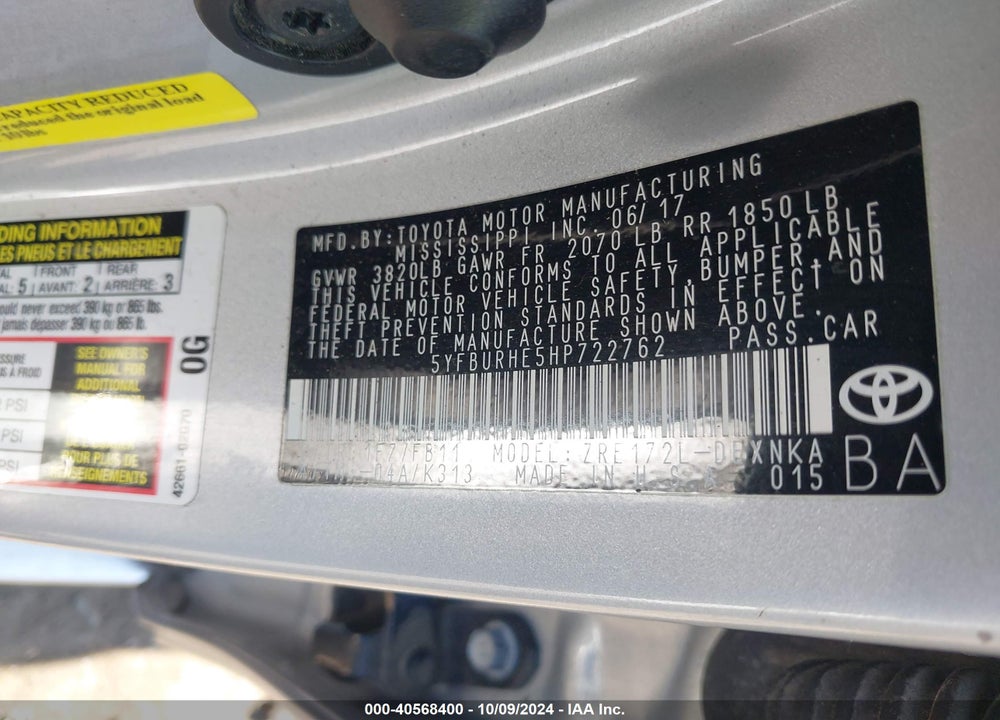 2017 TOYOTA COROLLA LE VIN: 5YFBURHE5HP722762